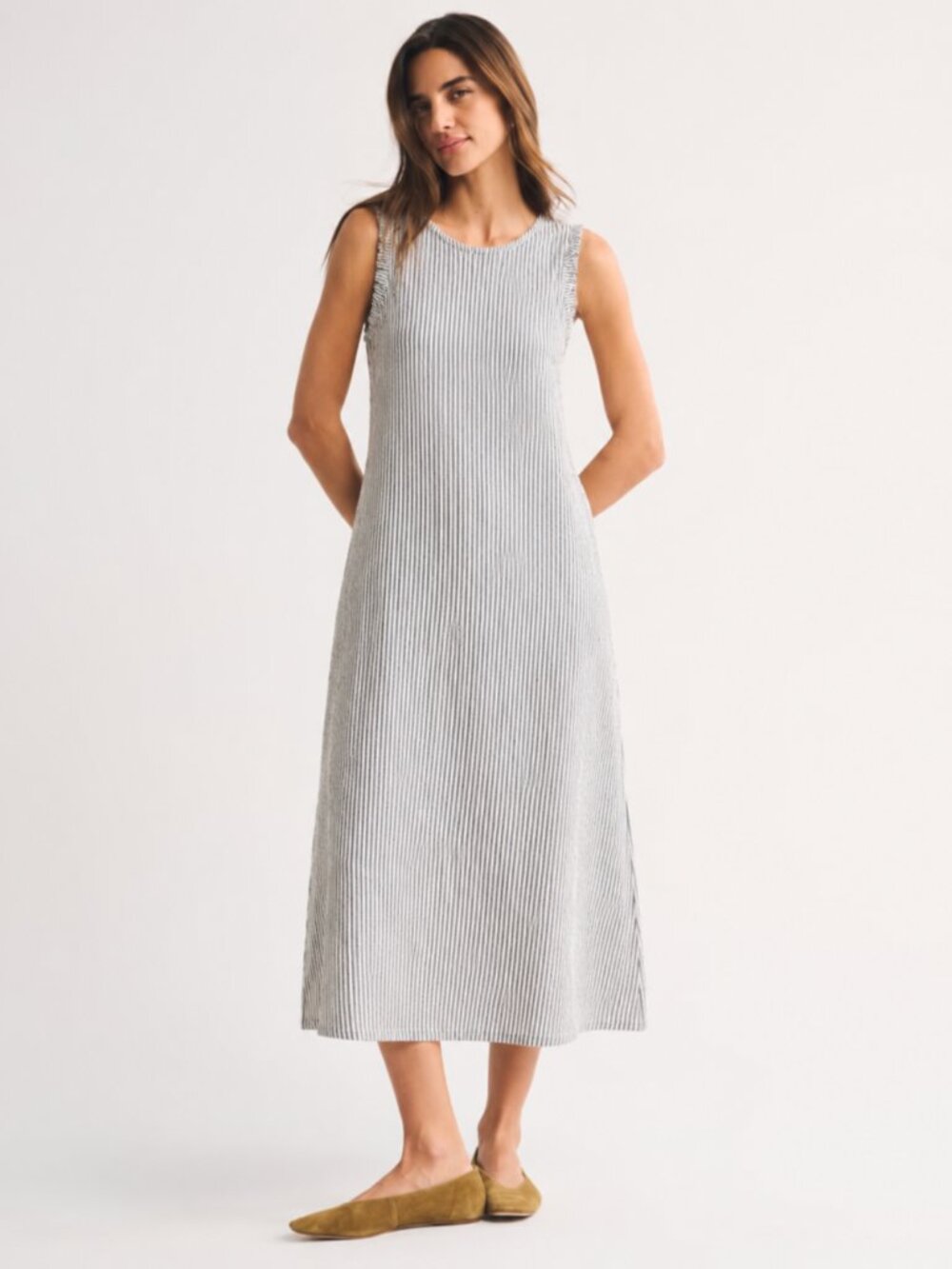 Women's Ribbed Stripe Midi Dress XL Beige White Sleeveless Ruffle
